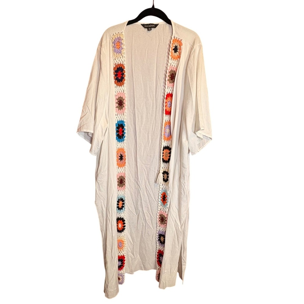 Davi & Dani Kimono Women 2XL White Good Crochet Floral Trim Boho Tassel PJ10744
